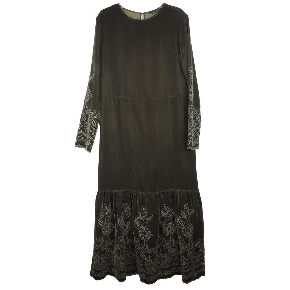 Zara Tiered Velvet Maxi Dress Long Sleeve Floral Embroidered Green Size XS